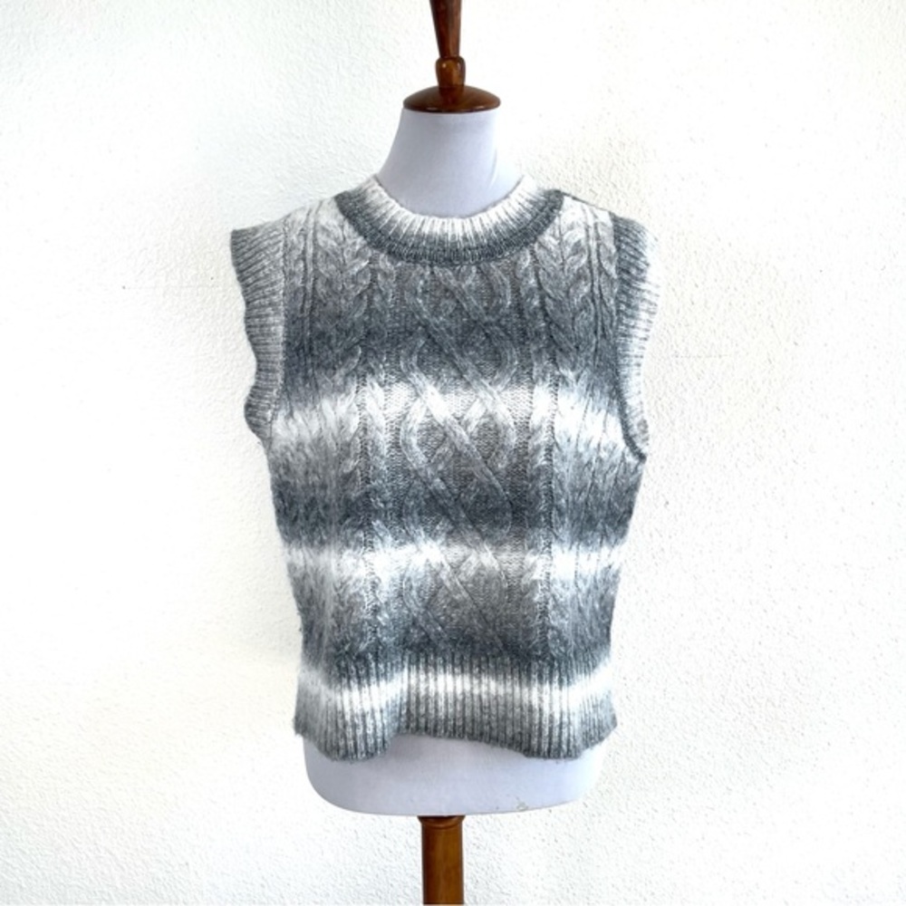 Ana Women's Wool Blend Sweater Vest Womens XL Gray Striped Cable Knit Soft Fuzzy
